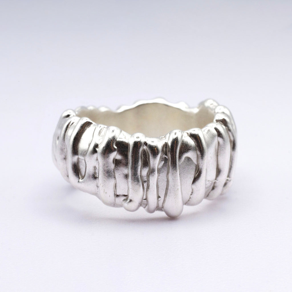 Silver ring with textured design on a white background