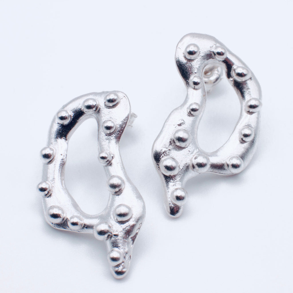 Silver earrings on a white background