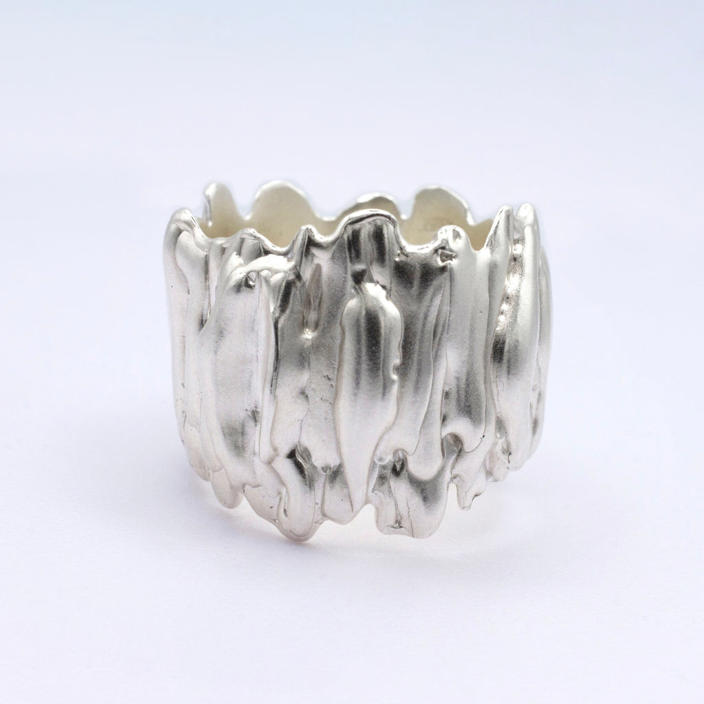 Silver ring with a textured design on a white background